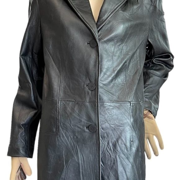 Women Jacket NINE WEST Genuine Leather Coat Black Long Sleeve Button Front Coat - Picture 8 of 10